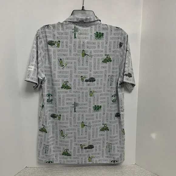 Waggle Mens M Polo Shirt White Green Gnome Lawnmower Print Golf Performance - Picture 2 of 7